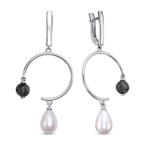 Серьги Кабаровских - Серебро 925, Жемчуг имитация, Лабрадорит (арт. 12-530-1500)