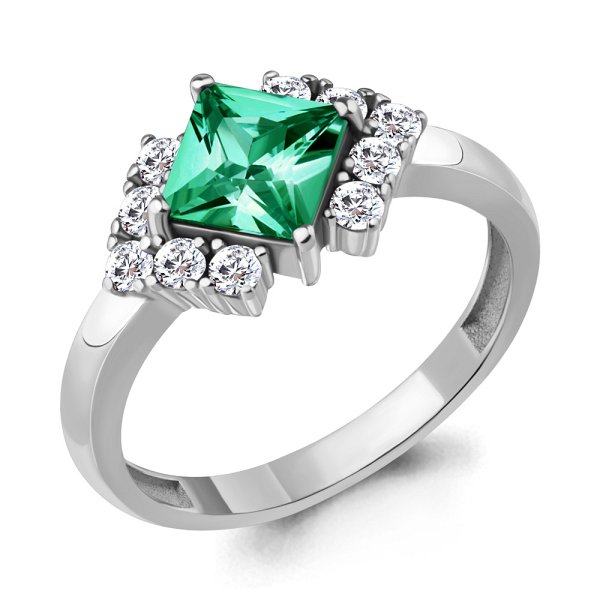 Кольцо Аквамарин - Серебро 925, Синтетический изумруд, Фианит (арт. 67410АГ.5)