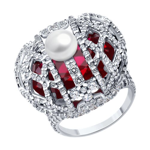 Кольцо SOKOLOV - Серебро 925, Жемчуг культивированный, Синтетический рубин, Фианит (арт. 84010037)