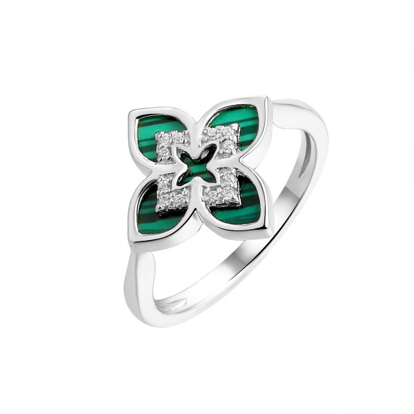 Кольцо FRESH - Серебро 925, Малахит имитация, Фианит (арт. CZ-R04305-X-W-Mal-X-W)