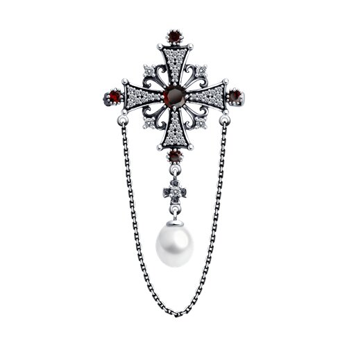 Брошь Diamant - Серебро 925, Гранат, Жемчуг культивированный, Фианит (арт. 95-340-02037-1)