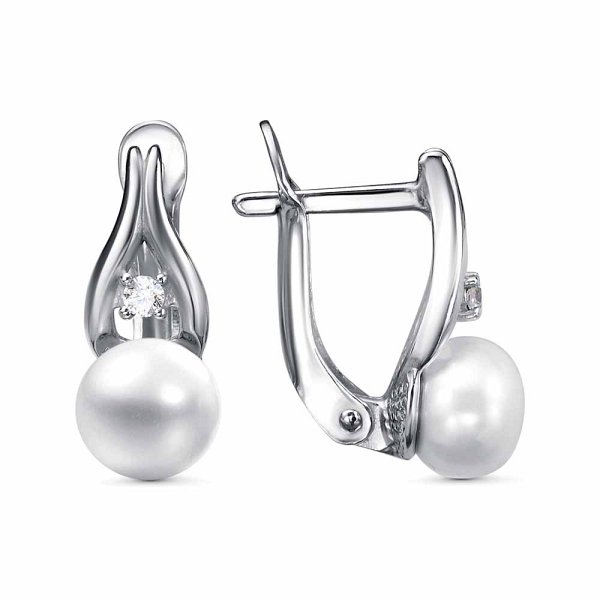 Серьги Красная пресня - Серебро 925, Жемчуг культивированный, Фианит (арт. 33315842Пл)