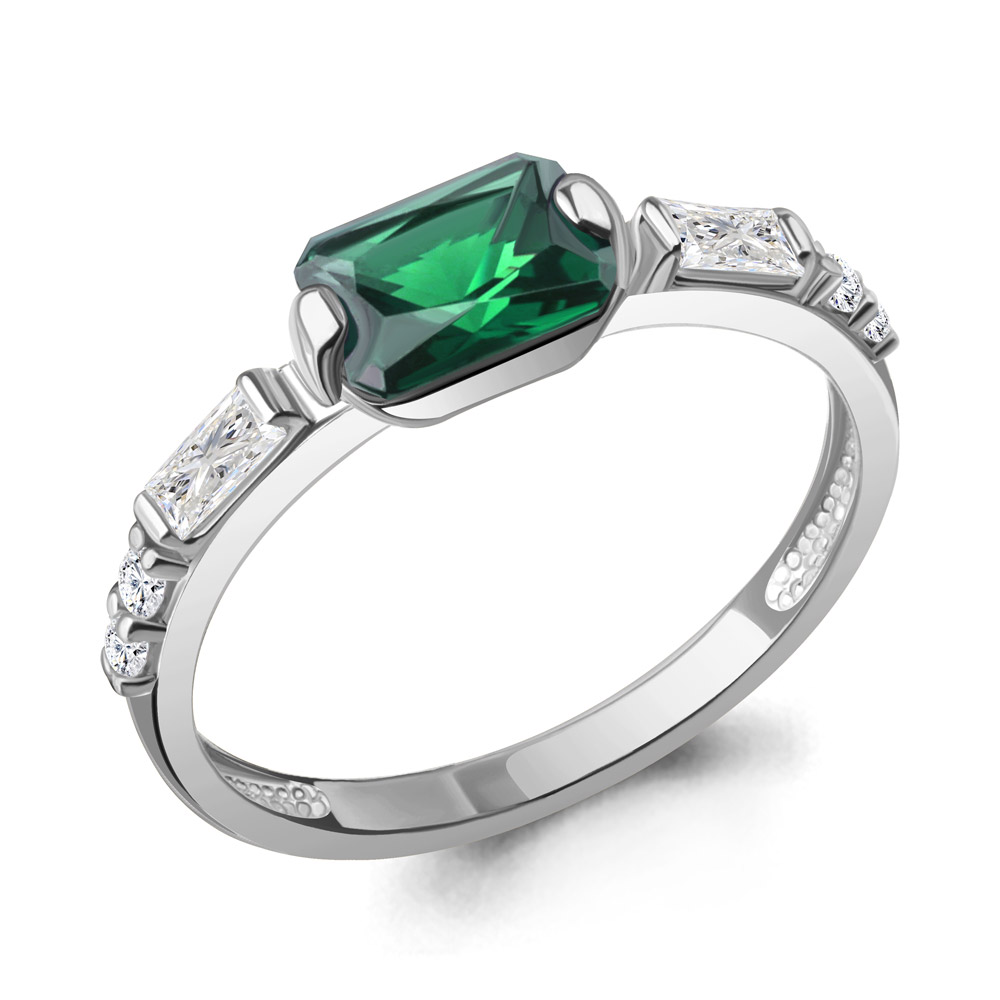 Кольцо Аквамарин - Серебро 925, Синтетический изумруд, Фианит (арт. 67838АГ.5)