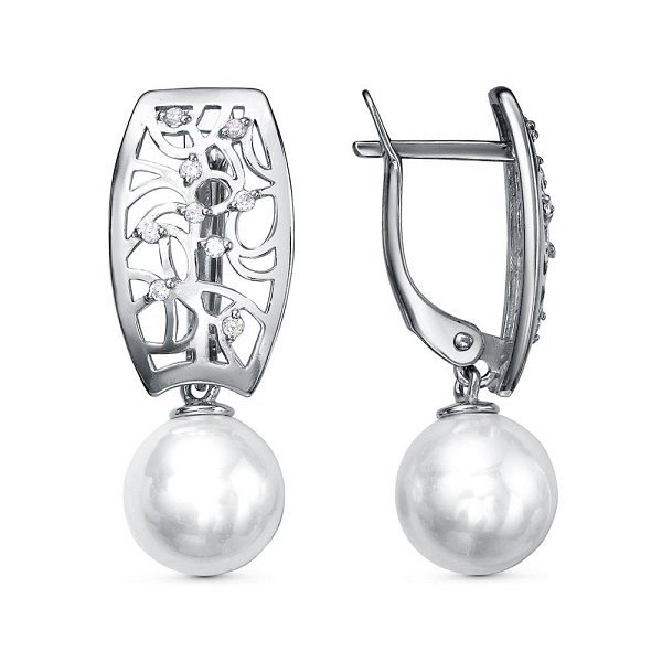 Серьги Красная пресня - Серебро 925, Жемчуг имитация, Фианит (арт. 33614944)