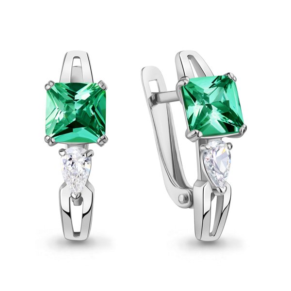 Серьги Аквамарин - Серебро 925, Синтетический изумруд, Фианит (арт. 400565П.5)