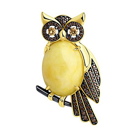 Брошь SOKOLOV - Серебро 925, Фианит, Янтарь пресс. (арт. 83040022)