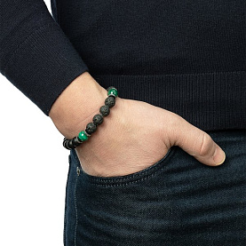 Браслет Фиделис - Сталь, Вулканическая лава, Гематит, Малахит, Шунгит (арт. AS-S02-10-ShLvMh)