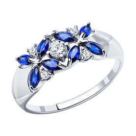 Кольцо SOKOLOV - Серебро 925, Синтетический сапфир , Фианит (арт. 88010032)