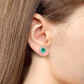Серьги Аквамарин - Серебро 925, Синтетический изумруд, Фианит (арт. 49195АГ.6)