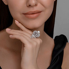 Кольцо SOKOLOV - Серебро 925, Жемчуг культивированный, Синтетический рубин, Фианит (арт. 84010037)