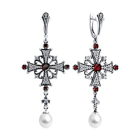 Серьги Diamant - Серебро 925, Гранат, Жемчуг культивированный, Фианит (арт. 95-321-02037-1)